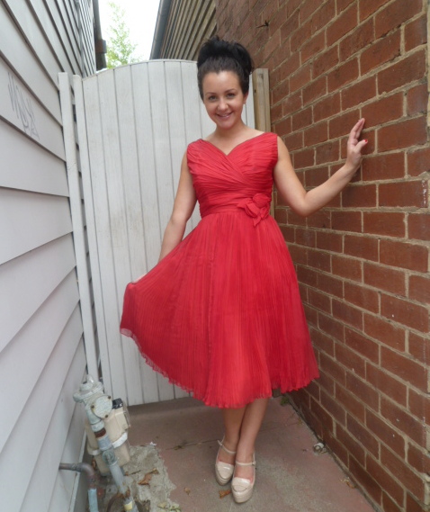 50s vivid red silk organza gathered sleeveless dress | Bam Bam Costume Hire