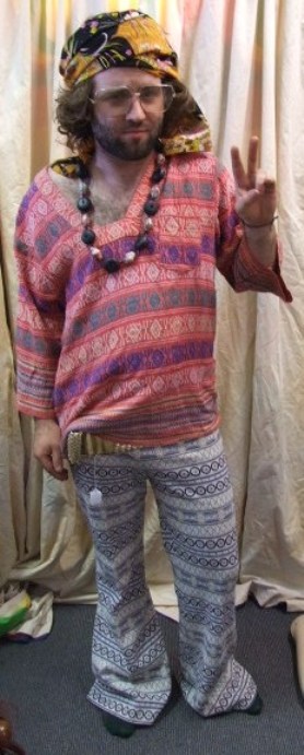 1960s Mens Pink Hippie Top and Sparkly Flares | Bam Bam Costume Hire