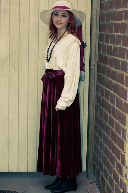 burgandy velvet full length skirt with satin waist band and lace detail