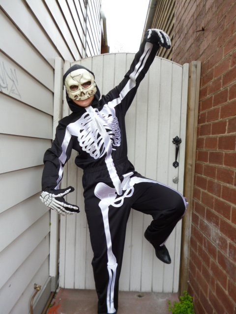 one-piece skeleton suit costume and half mask | Bam Bam Costume Hire