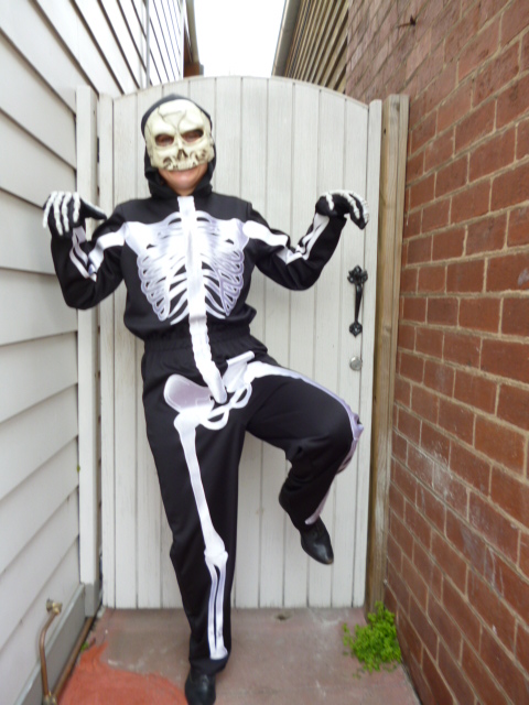 One-piece skeleton suit and half mask | Bam Bam Costume Hire